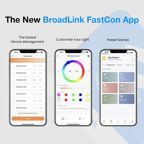 Broadlink FastCon Smart Bulb LB4E26 4-Pack, Color Changing with Music Sync, A19/E26/9W/800LM/110V, Compatible with Alexa and Google Home, GW4C Hub Required by Broadlink