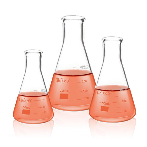 Glass Erlenmeyer Flask Set, Conical Flask Set, Includes Vol. 50, 150, 250ml, Borosilicate Glass 3.3 with Printed