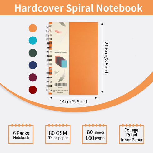 EOOUT 6pcs Hardcover Spiral Notebook, Spiral Journals, College Ruled, 5.5x8.5 Inches, 100GSM Thick Paper, Assorted Jewel Tone Colors, 160 Pages, for Work, School and Gifts by EOOUT