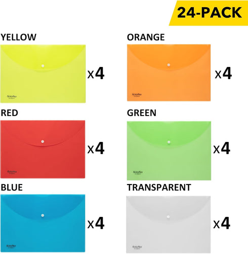 Legal Size Plastic Envelopes with Snap Closure 9x12 - FLEXOFFICE Document File Folder Organizer, Pack of 24