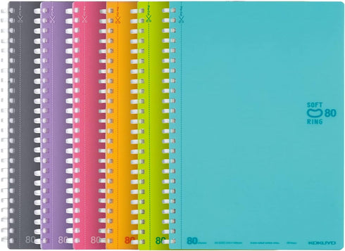 KOKUYO D Shaped Soft Ring Notebook, 6mm Ruled with Dot-Lines, 80 Sheets, A5, 6 Colors Set, Japan Import