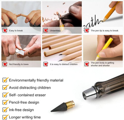 Inkless Pencil with Eraser, 5 Sets of Infinity Pencil, Reusable with Extra 5 Erasers & 5 Replaceable Nibs