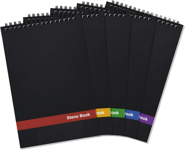 EOOUT 5 Pack Top Spiral Steno Pads, 6x9 Inches, Black Covers, 80 Sheets Gregg Ruled Notepads for Writing Notes in
