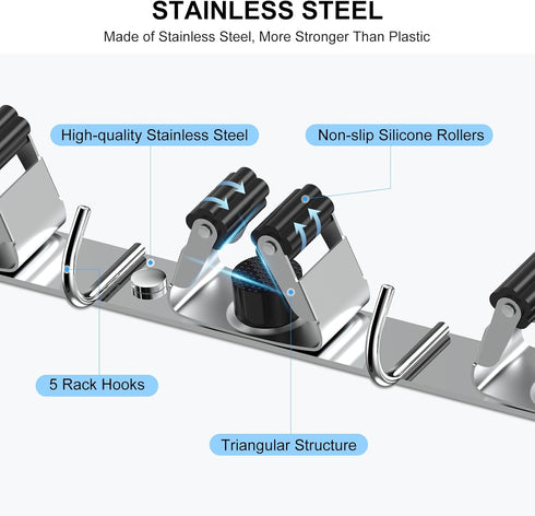 2 Pack 4 5 nacena Broom Holder Wall Mount Mop Hanger, Stainless Steel Racks Hooks Self Adhesive Heavy Duty Tool