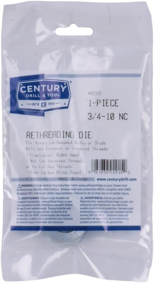 Century Drill & Tool 92915 Rethreading Die Tool Set, 3/4-10NC Thread Repair