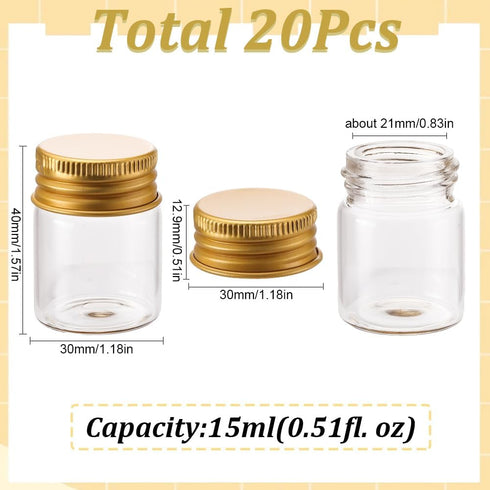 SUNNYCLUE 20Pcs Glass Clear Test Tubes 15ml Sample Vials Tiny Glass Bead Bottles with Gold Aluminium Screw Cap Mini Glass Bottles Glass Jars for Essential Oil Liquid Powder Message Jewelry DIY Crafts