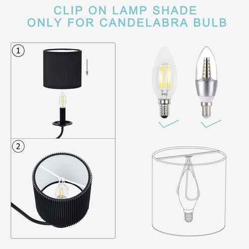 Lamp,Set 2,Small Drum,5.4"5.4"H5.2",TC BULB,Black LAMPWELL KETTE Clip-on Pleated Fabric Lamp Shades for for Table