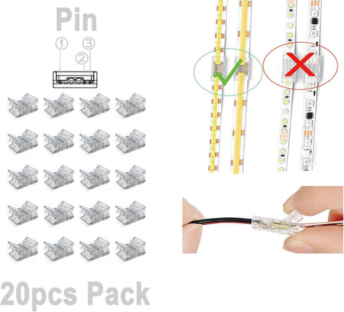 BOKUNBOBK 20 Pack 3-Pin 10mm 3-Pin) LED Strip Connectors, Solderless Clear Clips, No Welding Hand Press Type for CCT