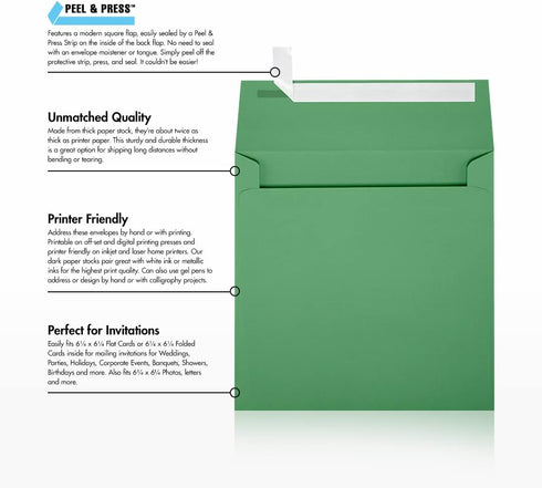 LUXPaper Invitation Envelopes Square | Peel & Press | 6 1/2" x 6 1/2" | Holiday Green | 80lb. Text | 50 Qty