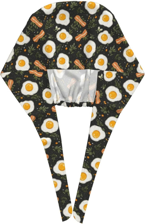 Nurse Scrub Cap Men Women with Buttons - Egg Bacon Leaves Print Soft Comfy Surgical Cap, Adjustable Tie Back Scrub