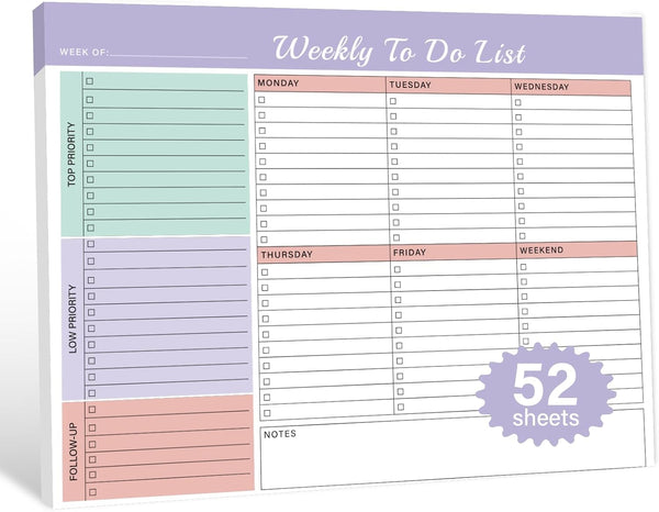 Weekly To Do List Notepad with 52 Undated Tear Off Sheets, Weekly Desk Planner Pad for Women & Man, Work, School
