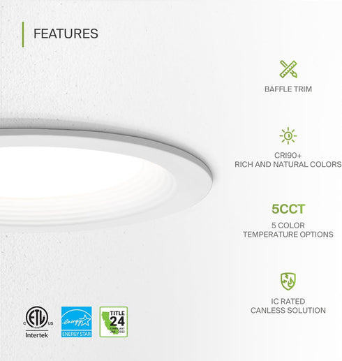 1 Pack 4 Inch 9W 757LM, 5CCT 2700K-5000K CRI90+, Dimmable T24, ASD Baffle Trim Recessed Light, LED Wafer Lights