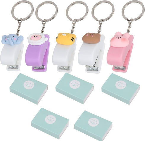 Mini Stapler Set, 5 Pcs Cute Key Chain Stapler with 5 Pcs Staples, Portable for Office