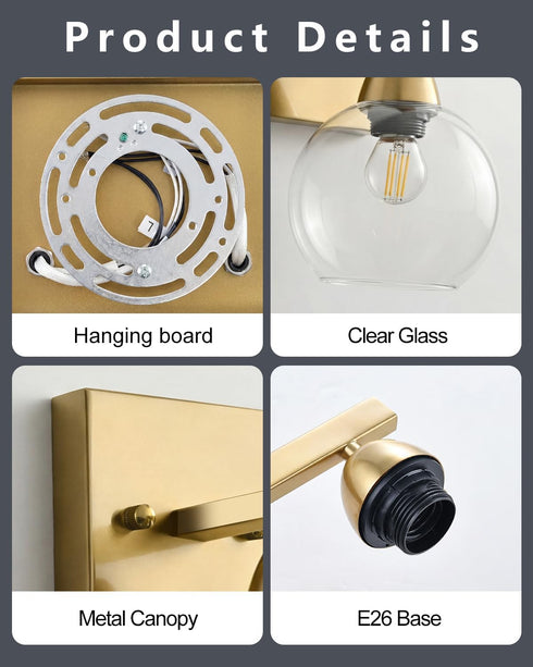 Ruibutrade 1-Light Bathroom Light Fixtures, Matte Gold Vanity Light with Hand-Blown Thick Glass Shade, High Clarity