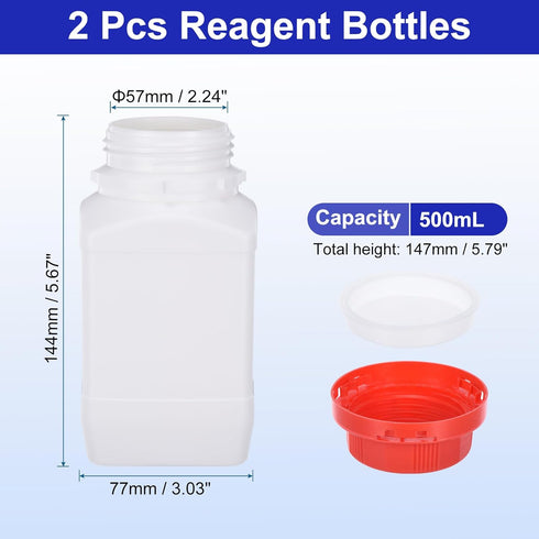 PATIKIL 2 Pcs 500ml Reagent Bottles, HDPE Wide Mouth Square Bottles with Screw Cap for Lab Water Reagent Liquids Solid Sample Storage Seal, White by PATIKIL