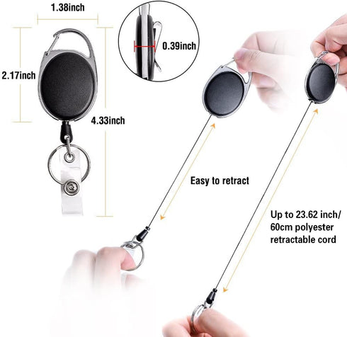 JIKIOU Retractable Badge Reel with Carabiner | Belt Clip and Key Ring for ID Card Keychain Badge Holder, Black 3 Pack