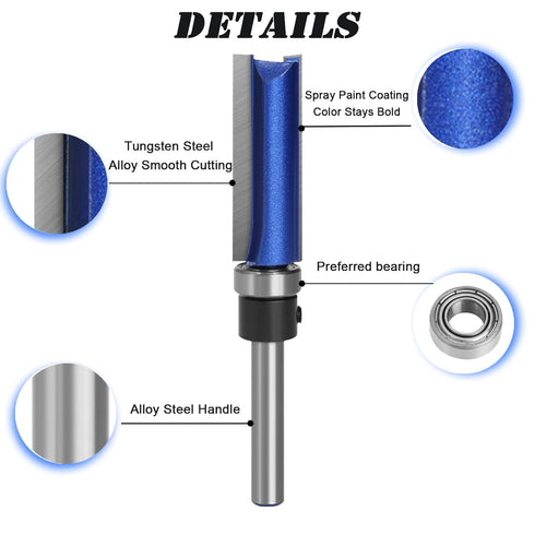 BENESOON 4PCS Set 1/4 Inch 1/2", 3/4", 1", 1-1/2" 1/2" Trimming Pattern Template Router Bit Shank, Cutting Depth, Dia