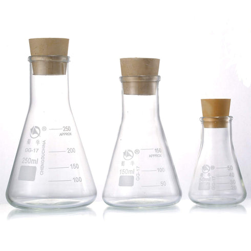 Glass Erlenmeyer Flask Set, Graduated Borosilicate Glass (250 ml, 150 ml & 50 ml) with Rubber Stoppers