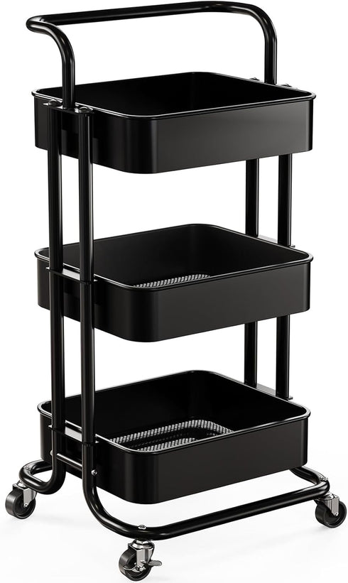 Pipishell 3 Tier Mesh Utility Cart, Rolling Metal Organization Cart with Handle and Lockable Wheels for Kitchen Living