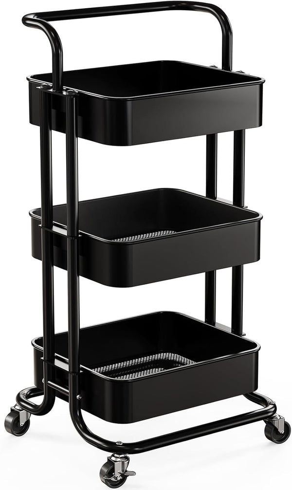Pipishell 3 Tier Mesh Utility Cart, Rolling Metal Organization Cart with Handle and Lockable Wheels for Kitchen Living