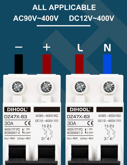 Miniature Circuit Breakers 30 Amp 12V-400V AC DC (10A 15A 20A 25A 40A 50A 60A Optional) for Solar Panel PV System