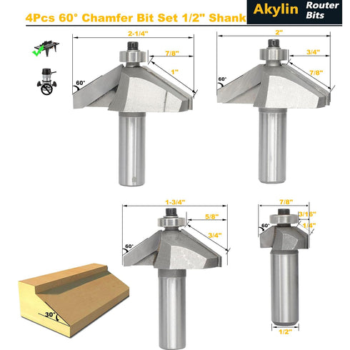 4pcs 60 Set,1/2" Shank,3/16",5/8",3/4" 7/8" Degree Chamfer Bit and Cutting Depth, Horse Nose Router Bits,Eased Eage