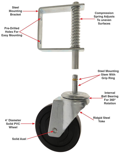 Tech Team #00716 4-Inch Spring Loaded Gate Caster, 125 Pound Capacity, Fence Hardware