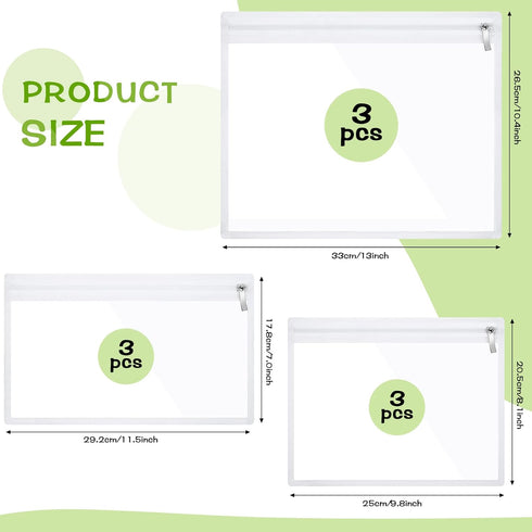 CHENGU 9 Pack Clear Waterproof Zipper Pouches for Cosmetic, Wallet, Pencil Organizing, Clear Travel Bags (White Side)