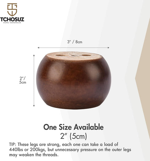 TCHOSUZ 2 inch 5cm Pack 4 M8 / Wooden Furniture Legs, of Walnut Solid Wood Turned DIY Replacement Bun Feet with Hanger
