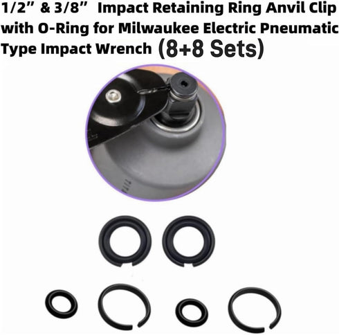 (8+8 Sets) 1/2 & 3/8" Impact Retaining Ring Clip with O-Ring for Milwaukee Electric Pneumatic Wrench
