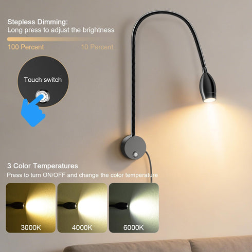 3 Dimmable, 360Flexible 3000k-6000k-1 Pack ERAY LED Wall Mounted Reading Light, Bedside Reading Lights for Bed