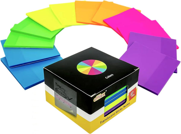 Transparent Sticky Notes, Pack of 12 Pads, 3" x 3" Translucent Sticky Notes Set, 600 Sheets for Annotating