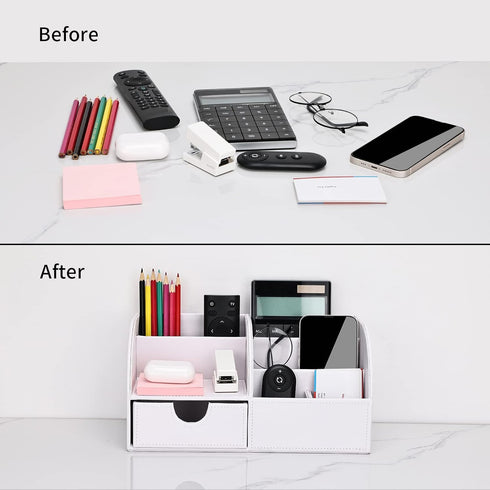 KINGFOM Pu Leather Desk Organizer, White Pen Pencil Holder with 6 Compartments and Drawer, Office Supplies Caddy