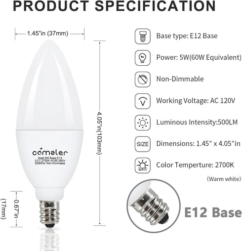 Bulbs E12 2700K Bulb 6W (60watt Bulbs 500 No-Dimmable 8 Pack comzler Type B Shape LED Ceiling Fan Light Small Base