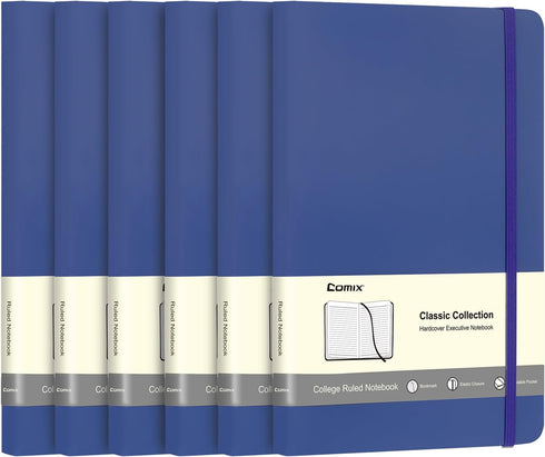 Comix 6 Pack Lined Journal Notebooks for Work, 240 Pages, 5.5"x8.3", Navy