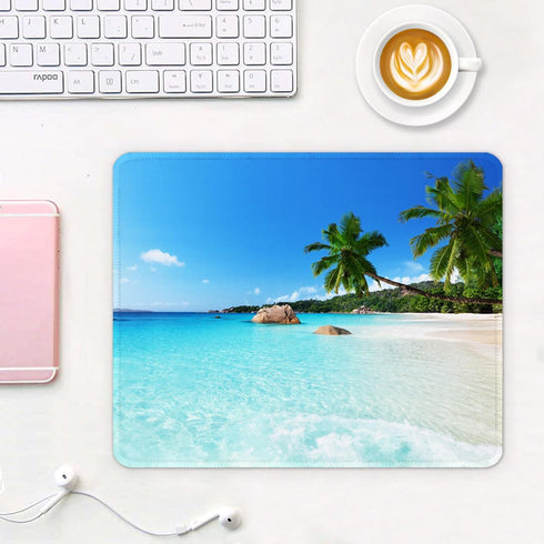 Auhoahsil Square Beach Style Mouse Pad, Anti-Slip Rubber, Stitched Edges, Cute Coconut Trees Design
