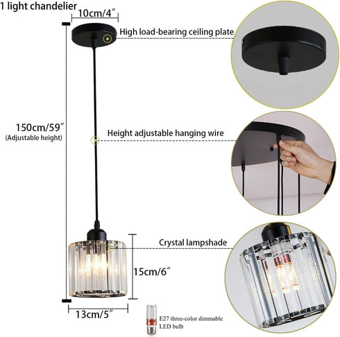 Meimond 1 Bulb Crystal Pendant Lights Black Light Cluster Ceiling,Modern Hanging Light Fixture for Kitchen