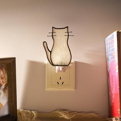 BOXCASA White Cat Night Light, Stained Glass Lamp, Warm Yellow Plug-In Night Light for Living Room, Bedroom, Hallway