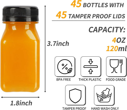 45pcs 4oz TOMNK Juice Bottles with Caps, Plastic Containers with Lids Empty Reusable Clear Ginger Shots Bottles