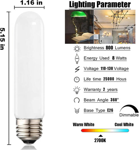 XININSUN T10 led Bulb, Dimmable T10 led Light Bulbs,8W Led Tube Bulbs, 60-75 Watt Equivalent,4000K Daylight White,E26 Base Bulb for Desk Lamp,Bathroom,Cabinet Display...(Milk White-6 Pack) by XININSUN