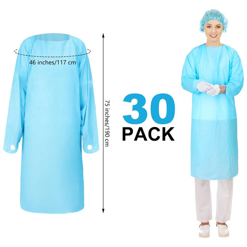 TrelaCo 30 Pack Disposable Isolation Gowns with Thumb Loops, X Large 46 Inch Waterproof CPE Gowns for Unisex Adults