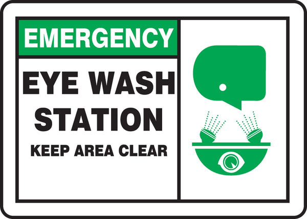Accuform MFSD928VS Adhesive Vinyl Safety Sign, "Emergency Eye WASH Station Keep Area Clear"