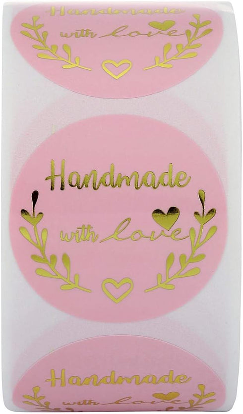 Yoption 1.5 Inch Round Handmade with Love Stickers - Pink for Packaging, 500 Labels per Roll