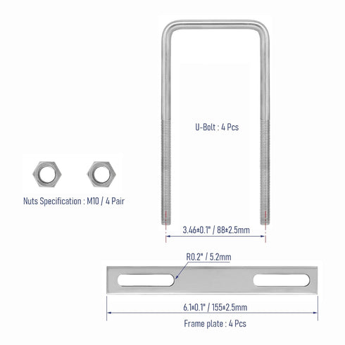 4 Sets 304 Stainless Steel Square U-Bolts, 3.15" Inner Width with Nuts for Trailer Accessories