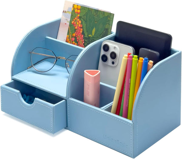 UnionBasic Desk Organizer, Blue Multifunctional Leather Desktop Pen Holder for Business Card, Pen & Mobile Phone