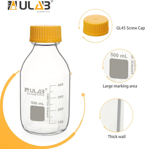 ULAB Round Media Storage Bottle, 500ml (16.9oz) 3.3 Borosilicate Glass with GL45 Screw Cap, Pack of 4