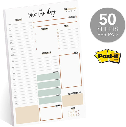 Rule The Day Daily Planner Pad - 8" x 11.5" Sticky Note Fill in Task Tracker, Unique Boho Design, Earth Tone