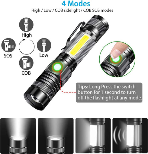 4 2 Pack Rechargeable Tactical Flashlight, USB Magnetic Flashlights with COB Flash Light - Models, Zoomable