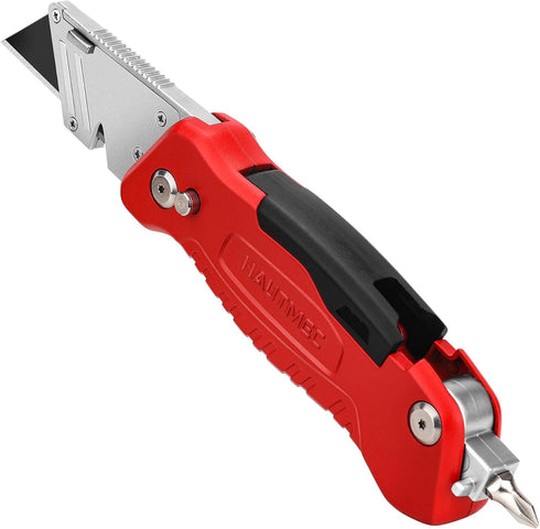 HAUTMEC Heavy Duty Folding Utility Knife with Integrated Screwdrivers, Box Cutter, Zinc Alloy Housing, 3 Extra Sharp