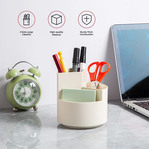 Desk Pencil Pen Holder, 3 Slots 360-Degree Spinning Pencil Pen Desk Organizers, Desktop Storage Pen Organizers Stationery Supplies, Cute Pencil Cup Pot for Office, Art Supply - White by EDENMS